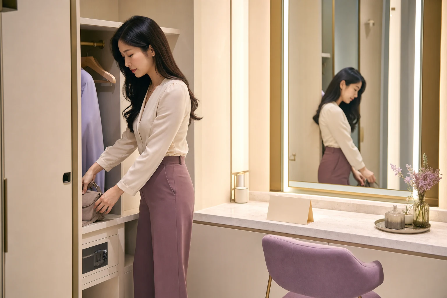 대구 룸TC 성인 여성 직원이 진주빛 준비 공간에서 출근을 준비하는 모습